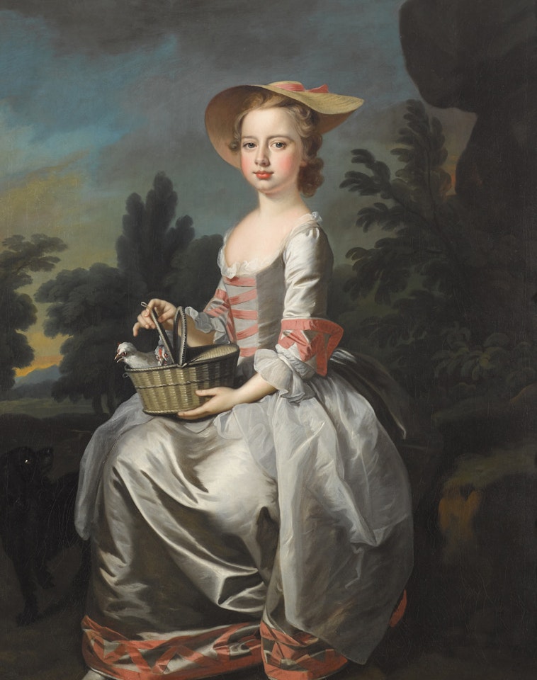 Portrait of Albinia Bertie (1738–1816), later Countess of Buckinghamshire, seated full-length, wearing a white and pink silk dress and straw hat, holding a basket of doves, with a black spaniel beside her in a park landscape by Thomas Hudson