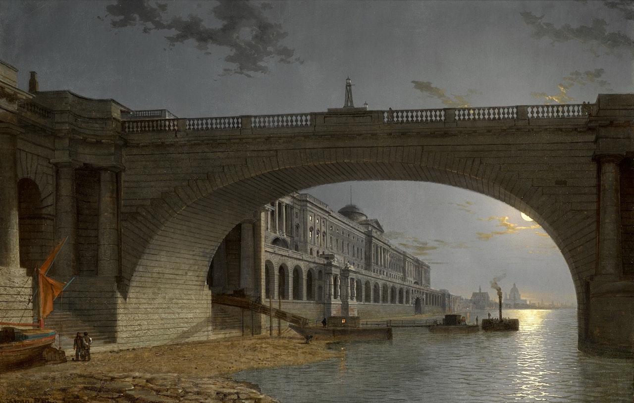 London, a view of Somerset House seen through an arch of Waterloo Bridge by Henry Pether