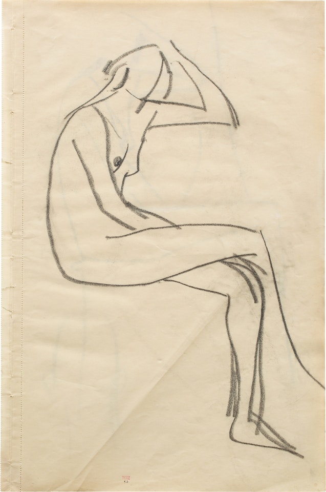Esquisse de femme nue assise de profil droit, légèrement tournée vers la droite, les jambes croisées, la main droite entre les genoux, la main gauche sur la tête by Amedeo Modigliani