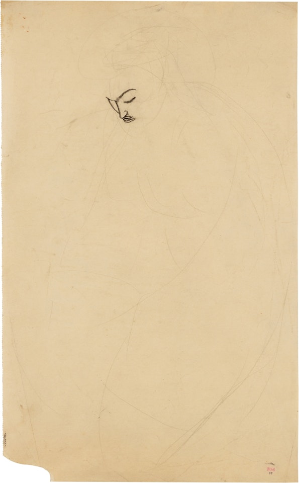 Femme nue debout, inclinée vers l'avant, esquisse très légère du corps, seul le visage est dessiné by Amedeo Modigliani