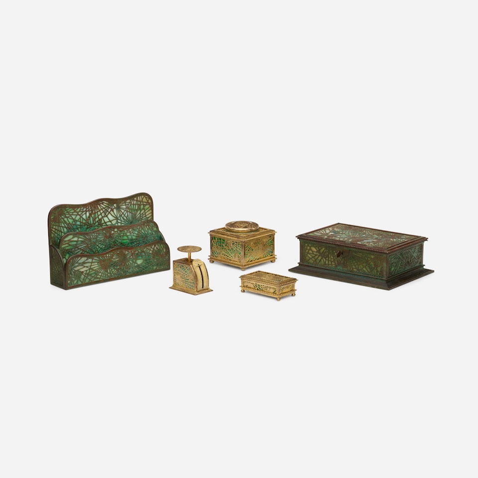 collection of five Pine Needle desk articles by Tiffany Studios