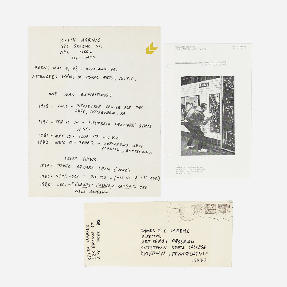 Hand-written biography and envelope with Crawling Baby drawing by Keith Haring