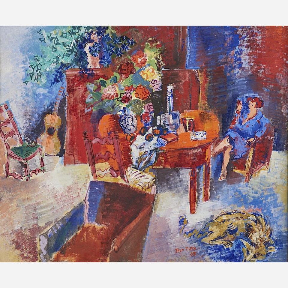 Jeune femme dans l'interieur fleuri by Jean Dufy