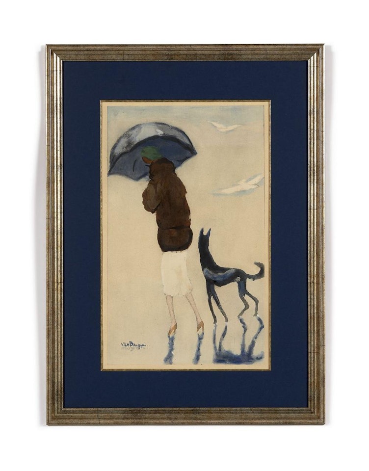 Femme avec chien marchant sur la plage by Kees van Dongen