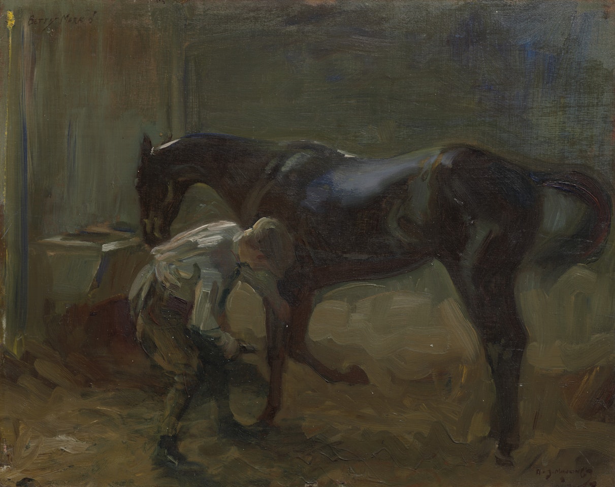 A groom in the stables with 'Betty Mark' by Alfred James Munnings