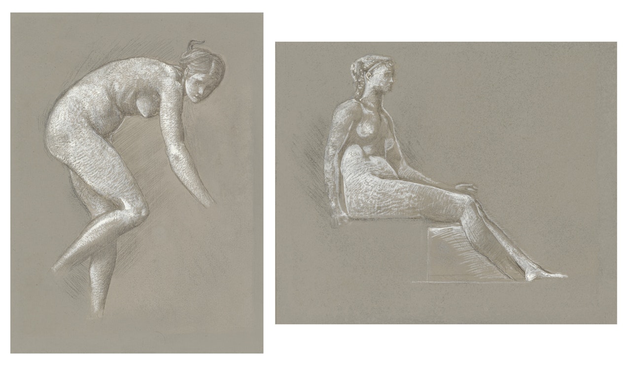 Two female nude studies, one for 'The Passing of Venus', and one for 'The Golden Stairs' by Edward Coley Burne-Jones