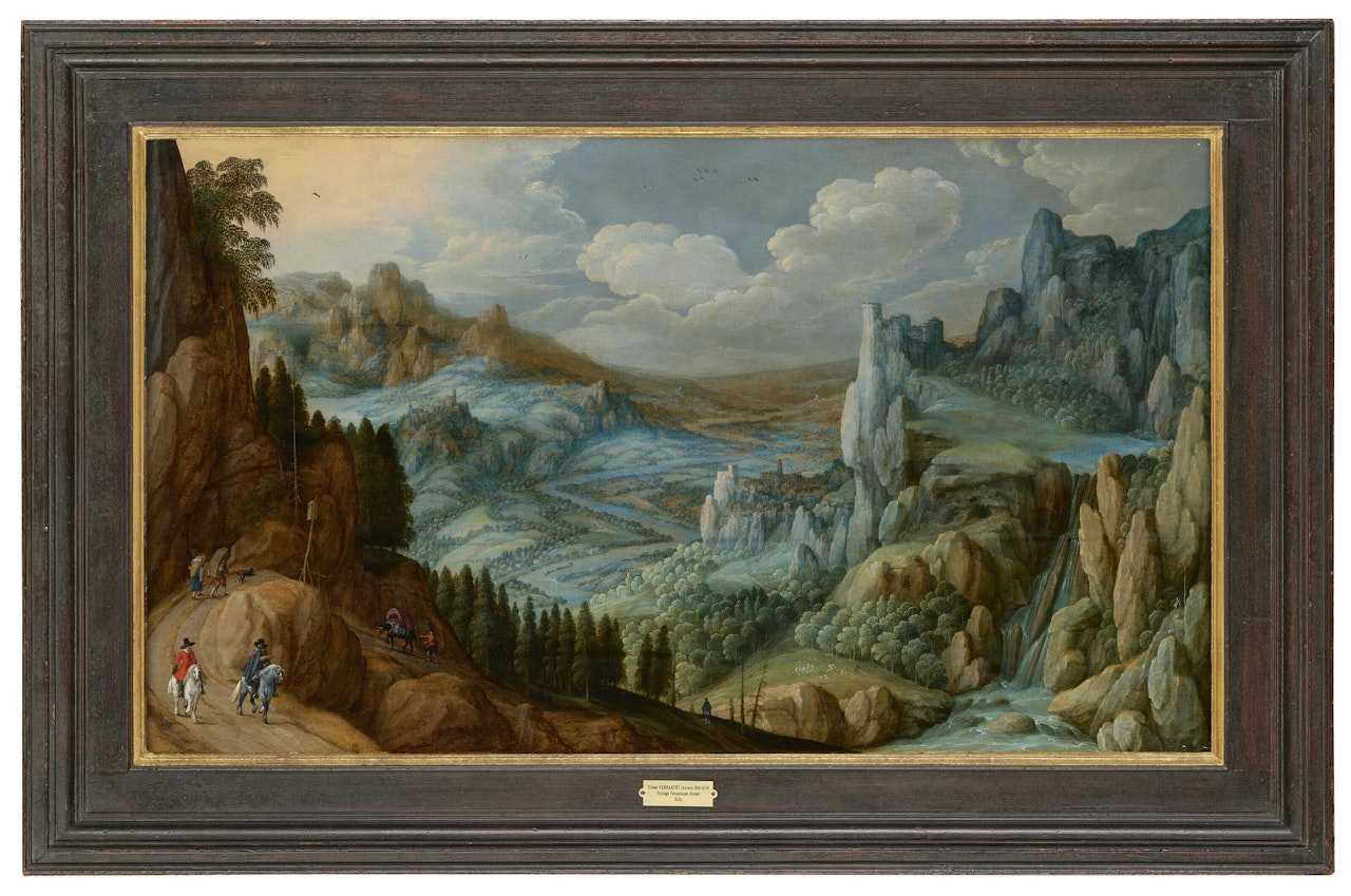 An extensive mountainous landscape with travellers on a path by Tobias Verhaecht
