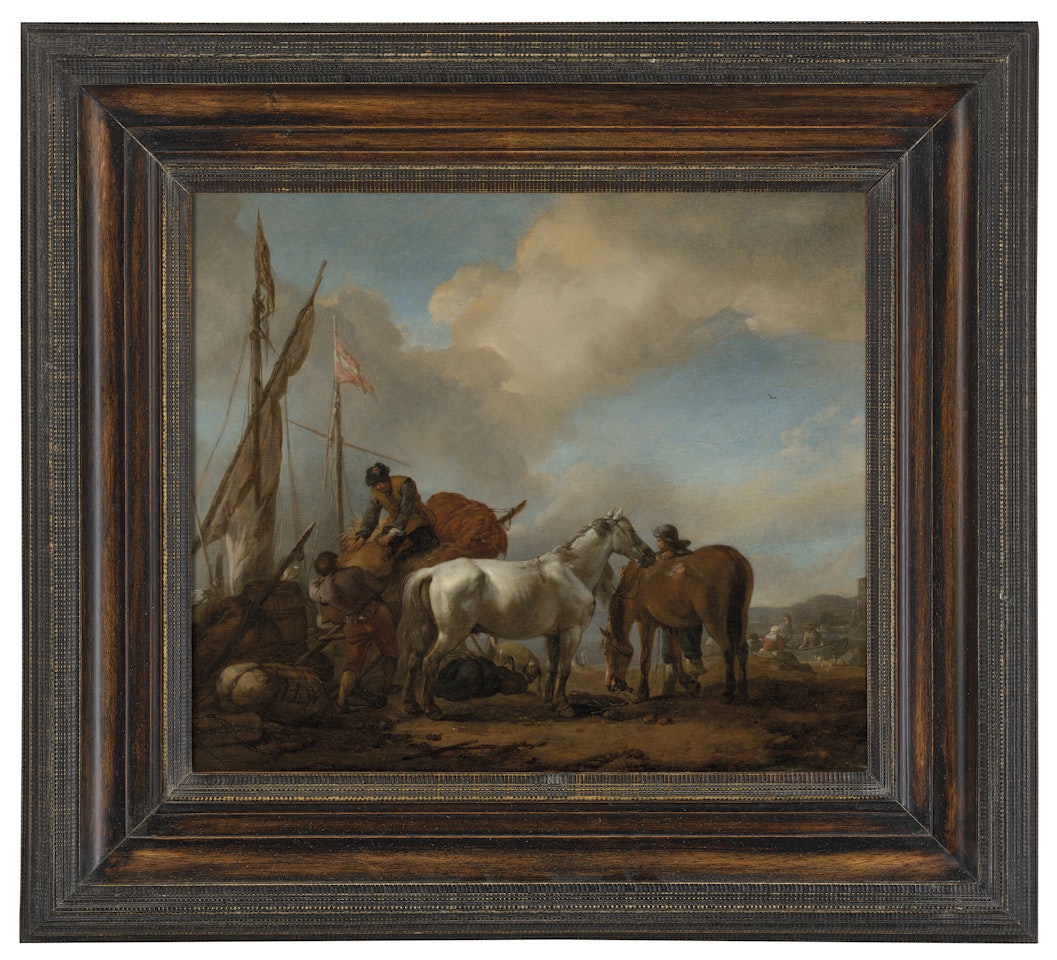 Horses in a landscape with figures loading bales onto a boat by Philips Wouwerman