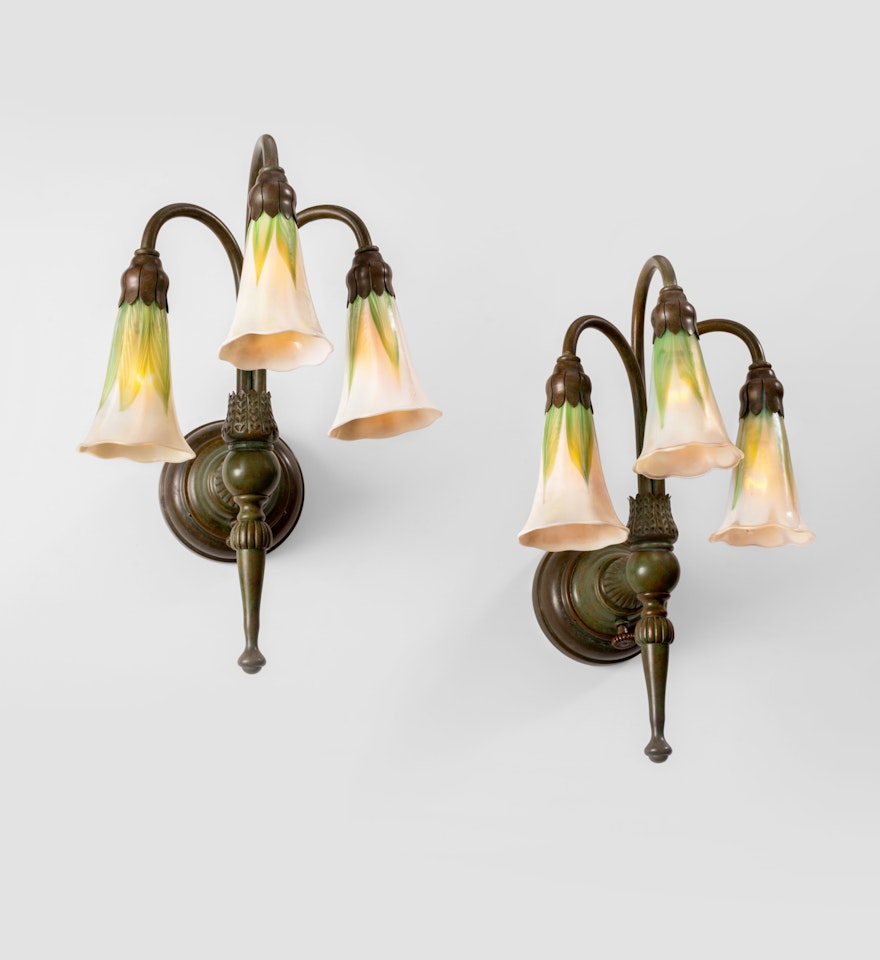 Pair of Three-Light Decorated "Lily" Wall Sconces by Tiffany Studios