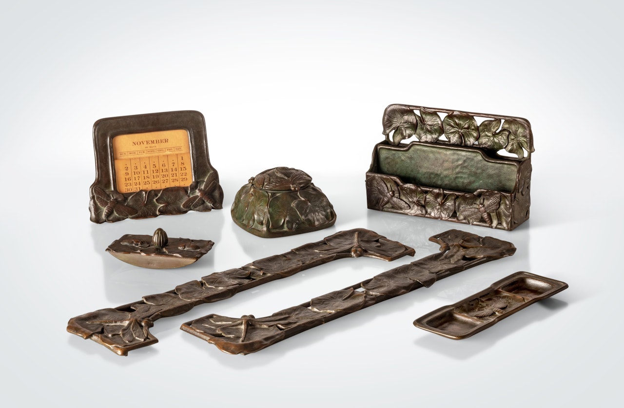 A Rare Seven-Piece “Pond Lily” Desk Set by Tiffany Studios