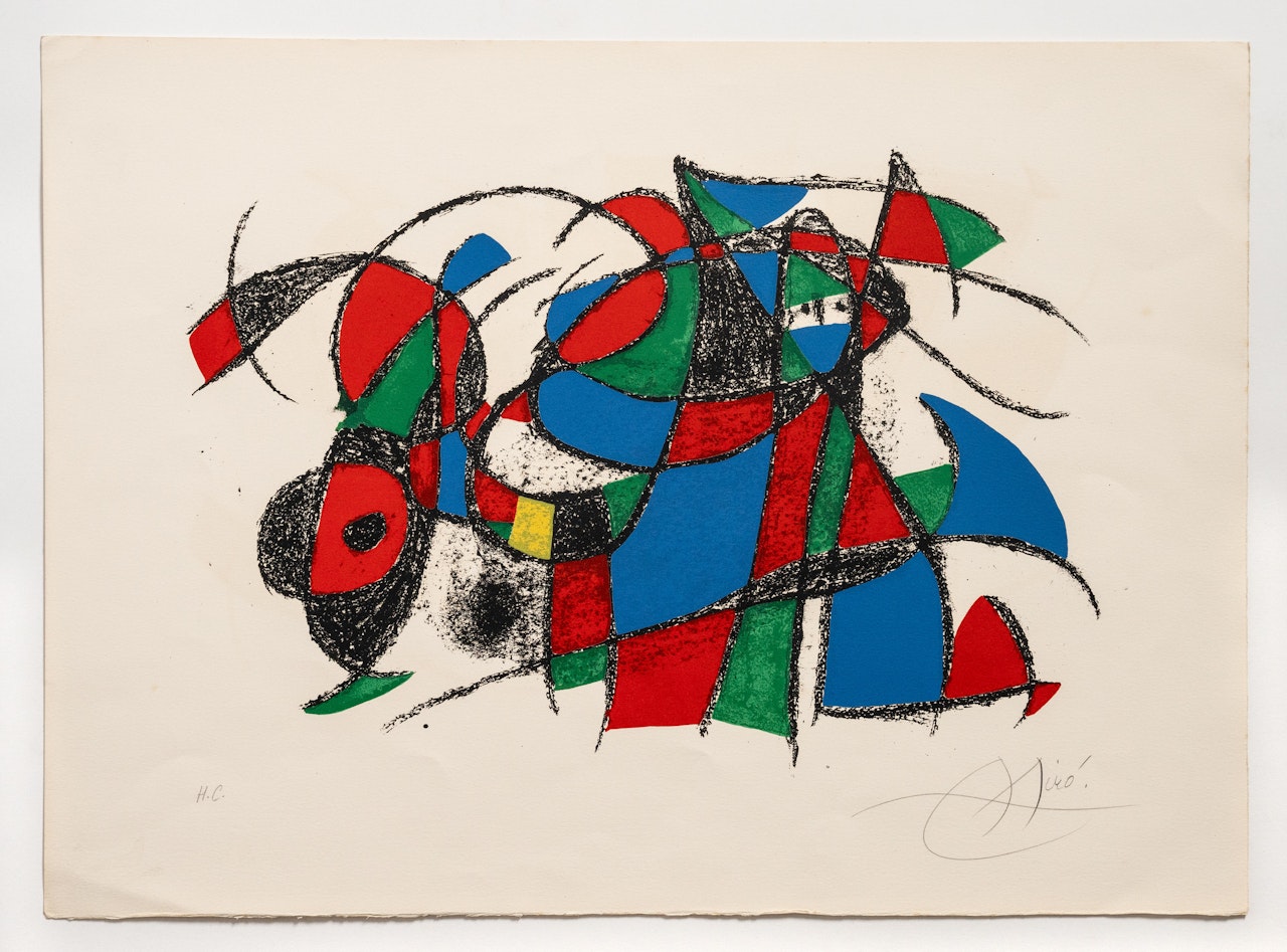Lithograph in colours, 1975, on Arches wove paper, signed and inscribed H.C. in pencil, a hors commerce impression aside from the numbered edition of 80 in Roman numerals, published by Maeght, Paris, the full sheet by Joan Miró