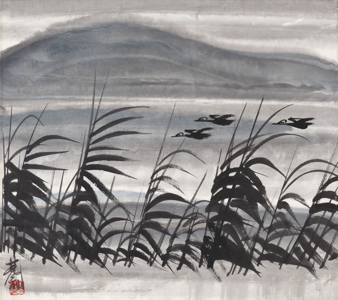 Geese Across the Reed Pond by Lin Fengmian