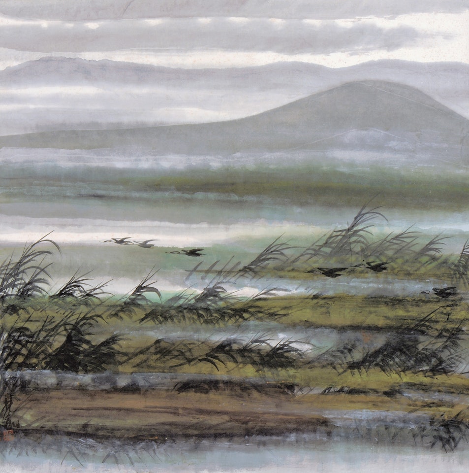 Wild Geese Flying Over Reeds by Lin Fengmian