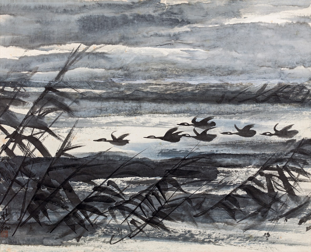 Wild Geese Flying over Reedbeds by Lin Fengmian