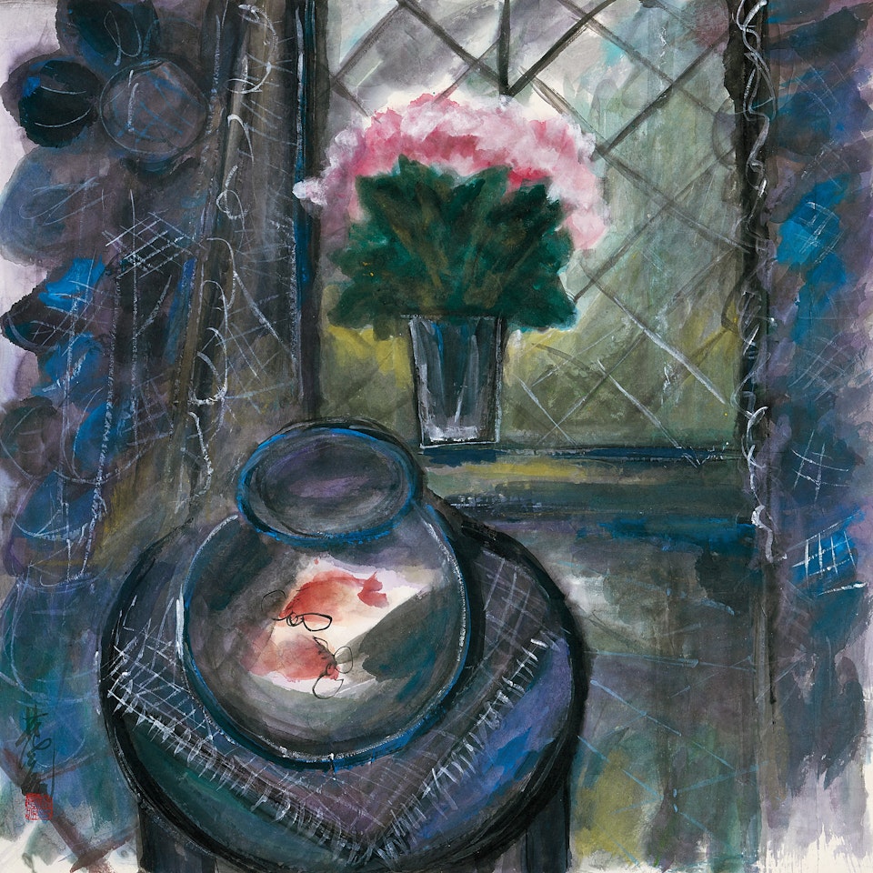 Fish Bowl and Vased Flower in front of the Window by Lin Fengmian