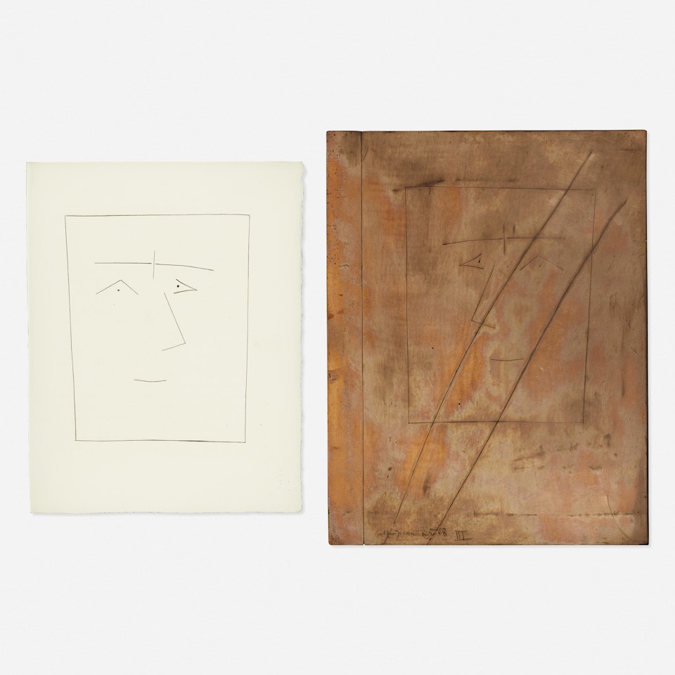 Carmen Square Head of a Man with Joined Eyebrows (Plate V) (from Carmen); Copper Plate (two works) by Pablo Picasso