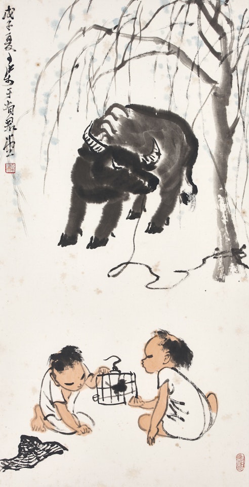 Two Boys and Buffalo by Li Keran