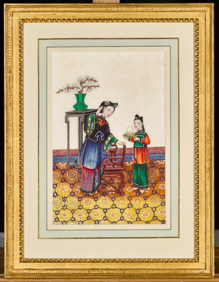 A set of twelve rice-paper paintings of figures with attendants in interiors by Chinese School