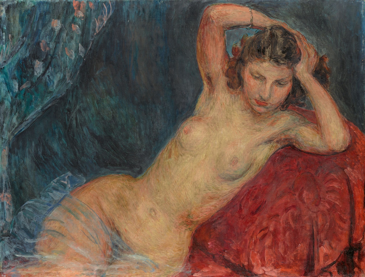 Akt auf rotem Sofa by Hans Purrmann