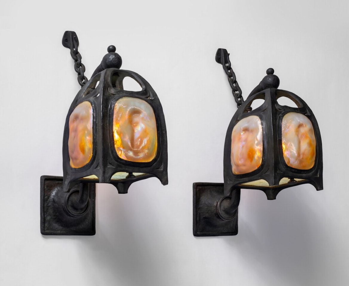 A Rare Pair of "Turtle-Back" Lantern Sconces by Tiffany Studios