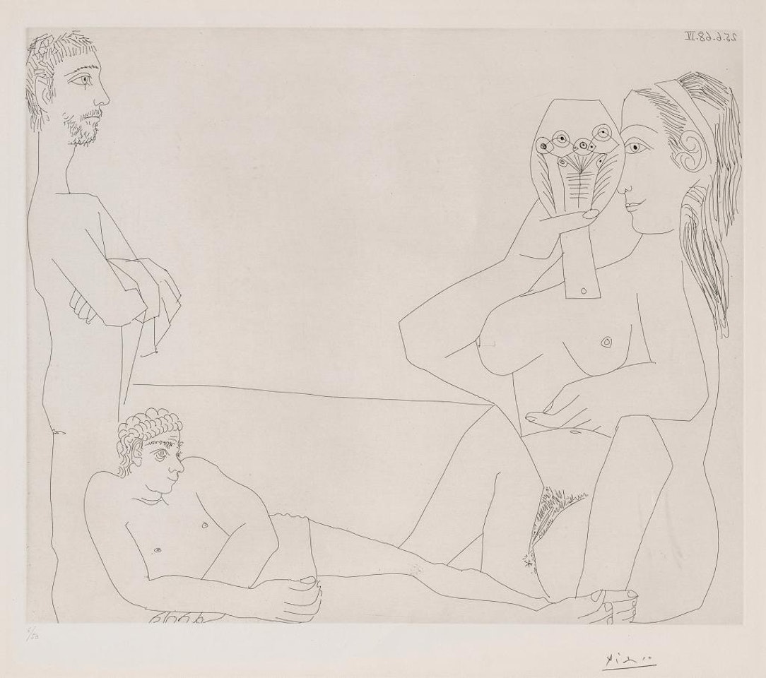 Sur la plage, femme au miroir et deux baigneurs, from the 347 Series by Pablo Picasso