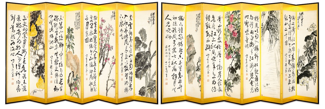 Panel Screens of Flowers and Calligraphy by Wu Changshuo