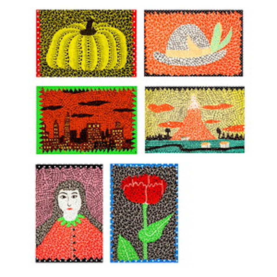 PUMPKIN ; HAT ; NEW YORK ; RED MT. FUJI ; FLOWER ; SELF-PORTRAIT) by Yayoi Kusama