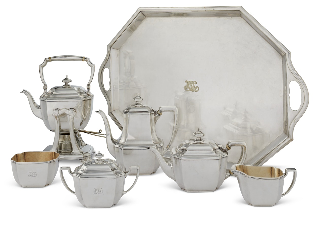 AN AMERICAN SILVER SIX-PIECE TEA AND COFFEE SERVICE AND ASSOCIATED SIMILAR SILVER-PLATED TRAY by Tiffany & Co.