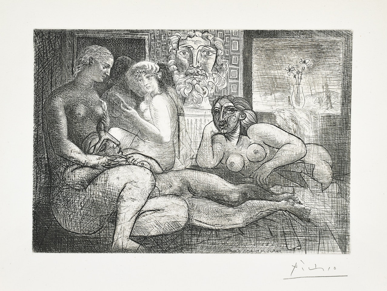 Quatre femmes nues et tête sculptée (Four Nude Women and a Carved Head), plate 82 from La Suite Vollard (Bl. 219, Ba. 424) by Pablo Picasso