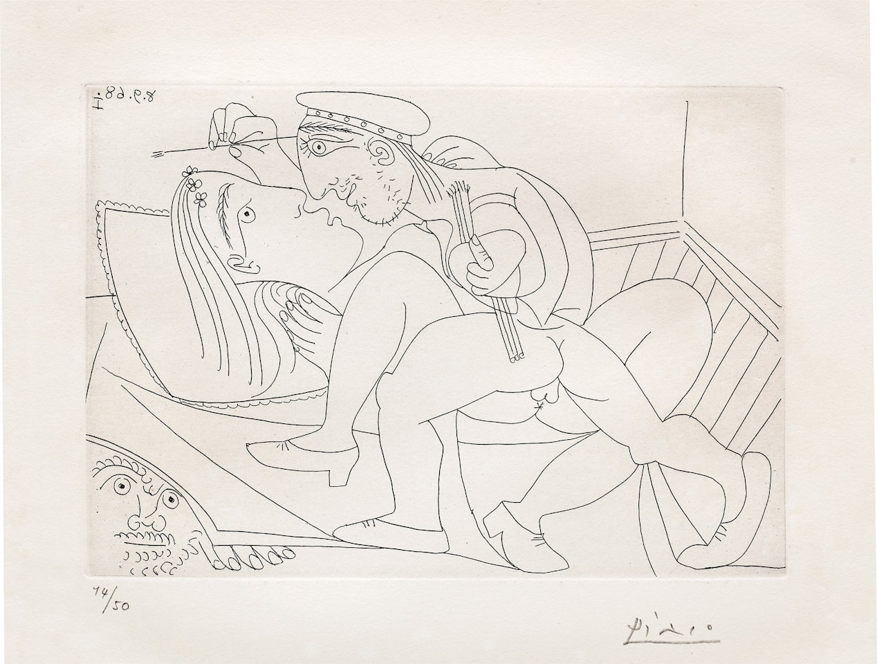 Raphaël et la Fornarina XXI: Michel-Ange est caché sous le lit (Raphael and the Fornarina XXI: Michelangelo is Hidden Under the Bed), plate 316 from Séries 347 (Bl. 1796, Ba. 1813) by Pablo Picasso