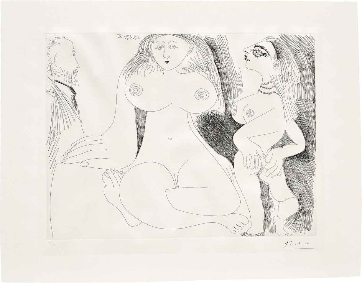 Scene de séduction entre deux filles, avec Degas voyeur (Scene of Seduction Between Two Girls, with Degas Watching), plate 96 from Séries 156 (Bl. 1951, Ba. 1960) by Pablo Picasso