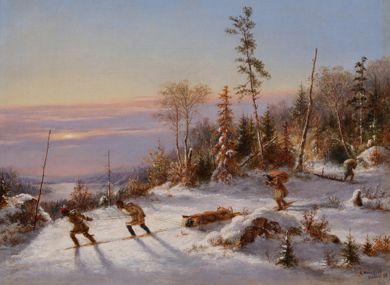 Indians Drawing a Sledge in the Snow by Cornelius Krieghoff