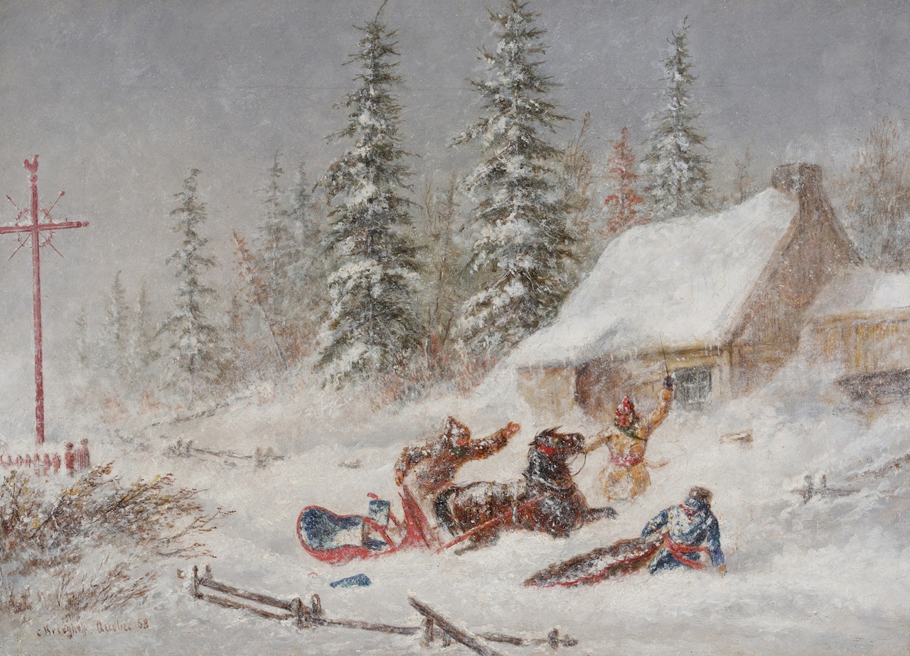 A Horse Drawn Sleigh Caught in a Snowdrift by Cornelius Krieghoff