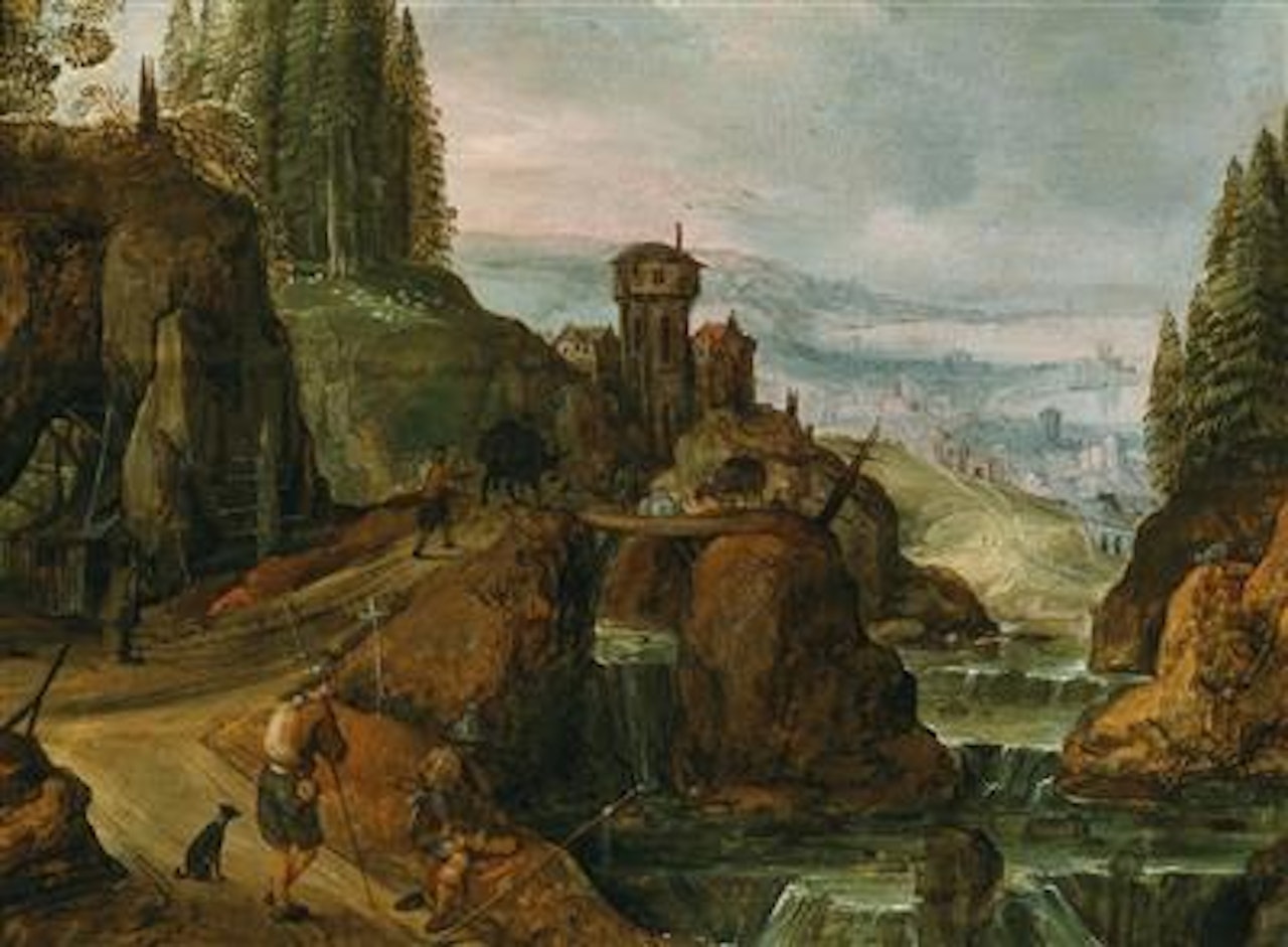 A mountain landscape with a waterfall and travellers on a path, a harbour beyond by Joos de Momper the Younger