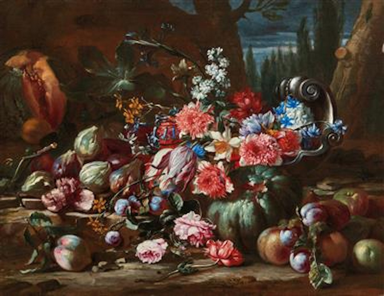 Tulips, daffodils, roses and other flowers with various fruit and a silver vase by Abraham Brueghel
