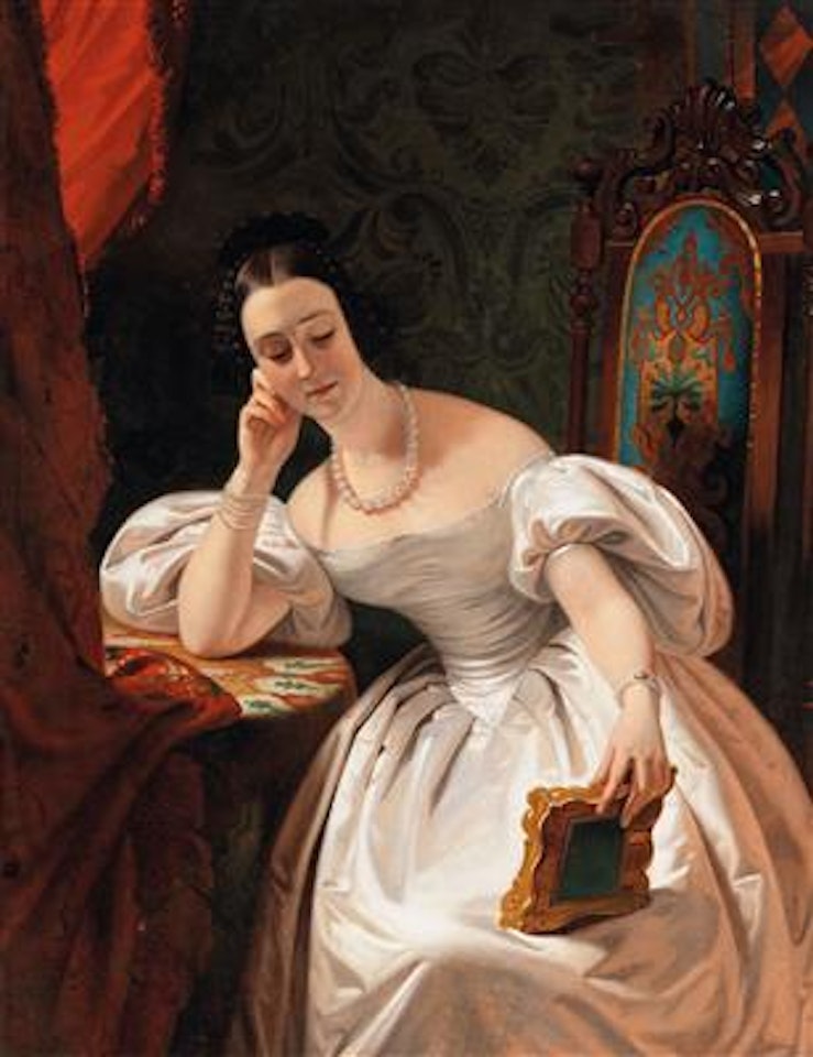 Portrait of Young Lady wearing Pearls looking at a Picture by Claude Marie Dubufe