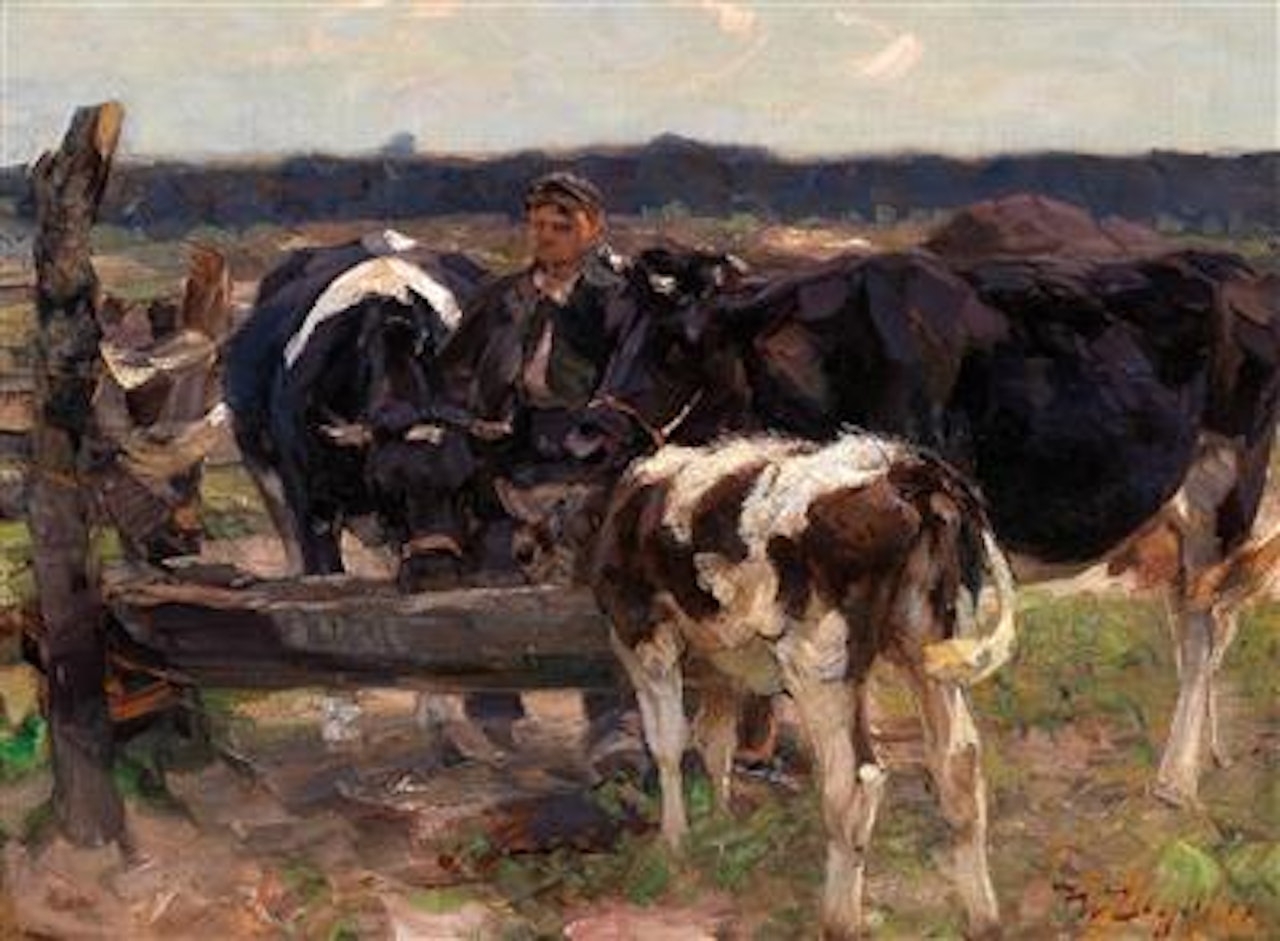 A Shepherd with Cows near a Watering Place by Heinrich von Zugel