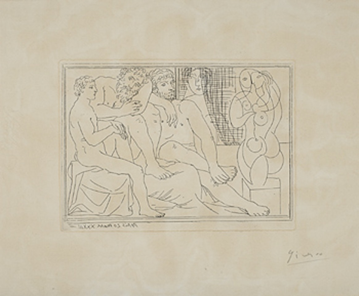 Two sculptors, male and female model and sculpture by Pablo Picasso