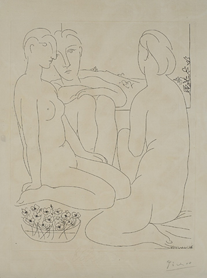 Three nudes seated by a window with basket of flowers by Pablo Picasso