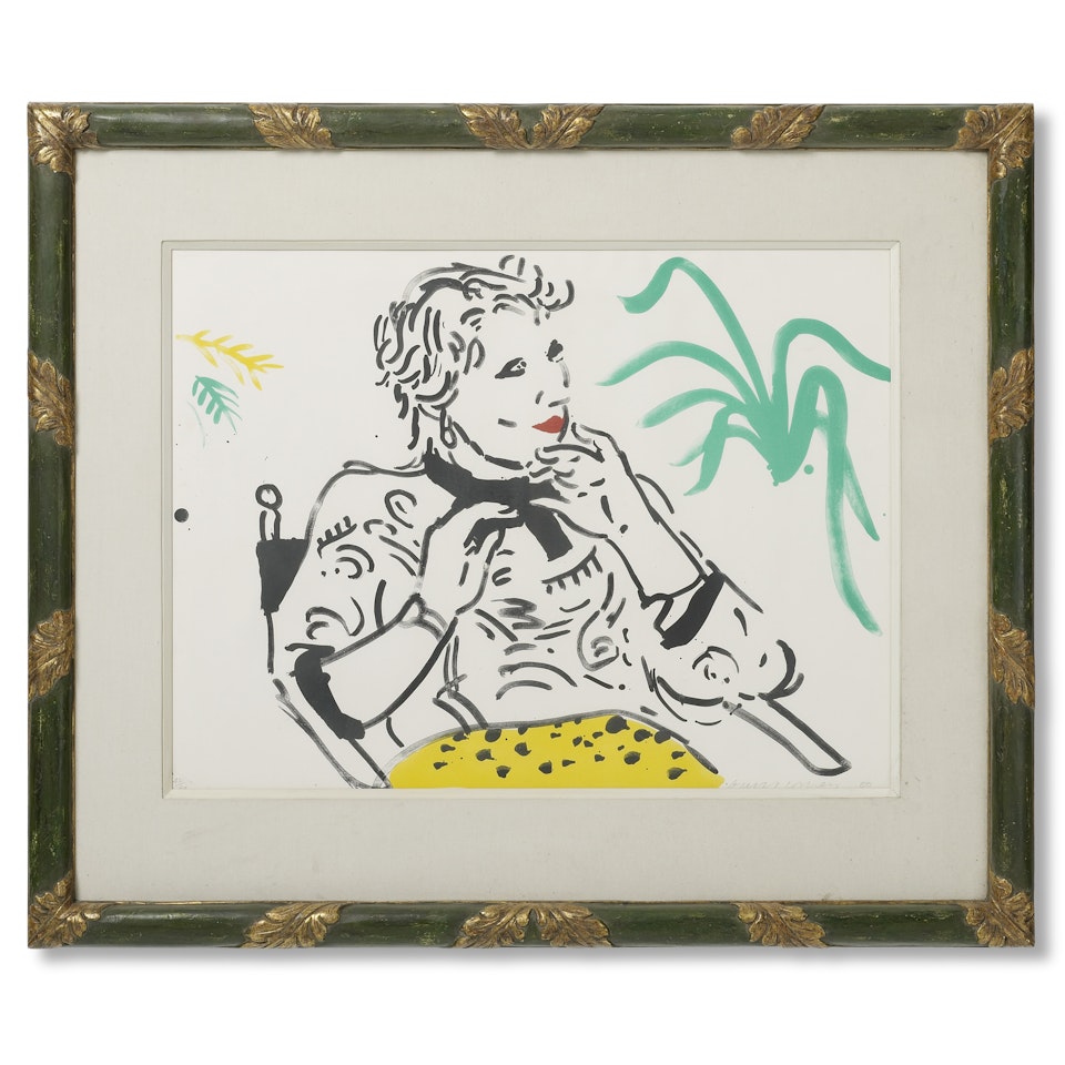 Celia with green plant by David Hockney
