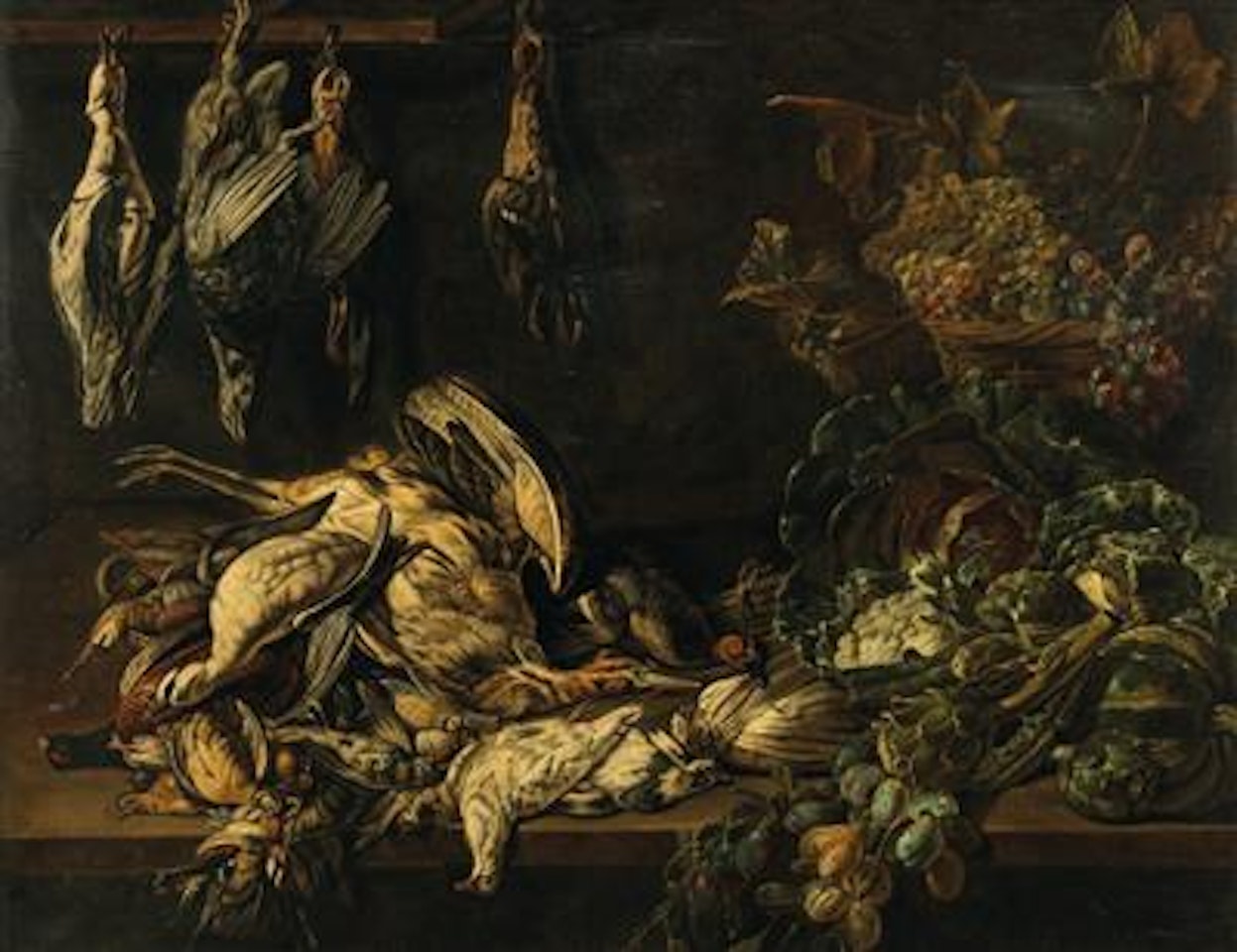 A larder with game, fruit and vegetables by Adriaen van Utrecht