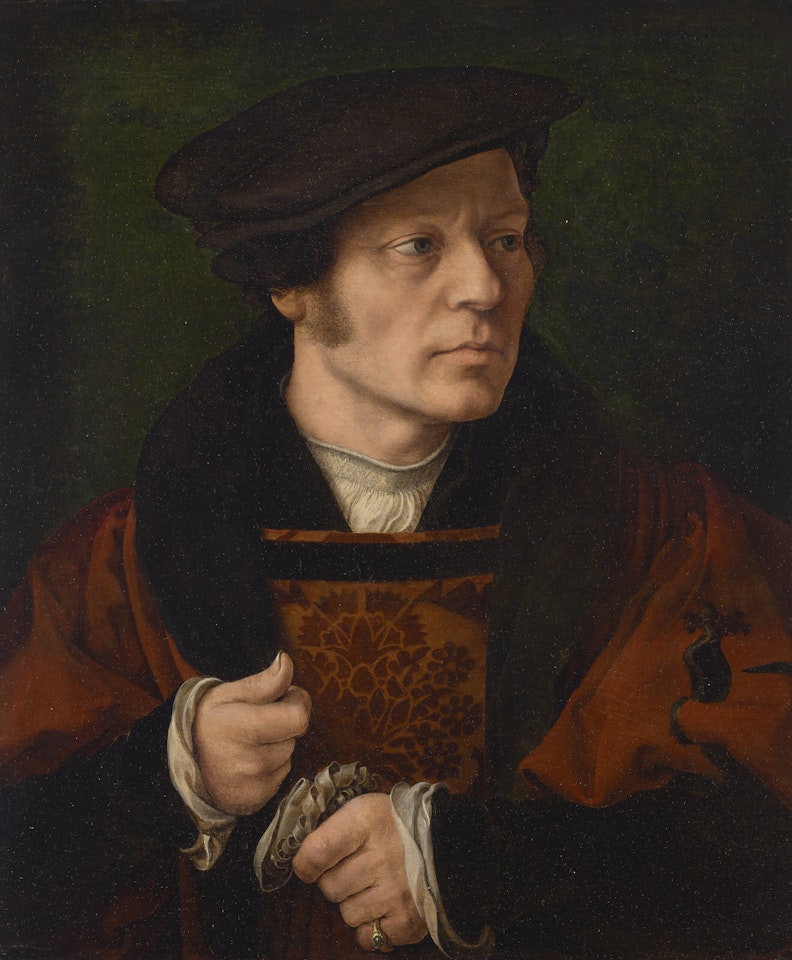 Portrait of a gentleman holding gloves, half-length by Joos van Cleve