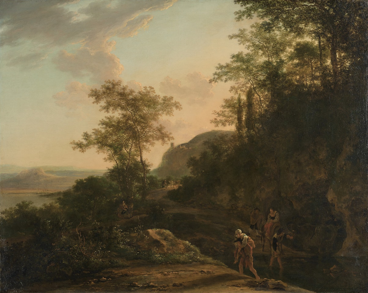 A mountainous Italianate landscape with travellers on a path and a ford by Jan Both