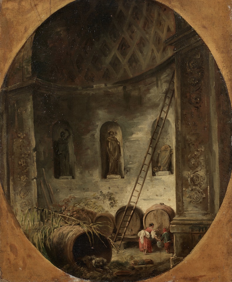 A mother and child drawing wine from a barrel in a ruined wine cellar by Hubert Robert
