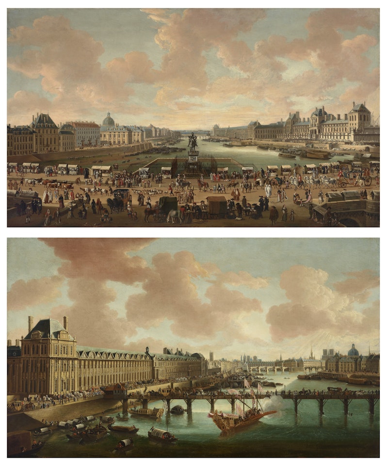 Paris, a view of the Seine looking West, the equestrian statue of Henri IV and the Pont Neuf in the foreground, the PalaIs du Louvre on the right and the Quai de Conti, the Hôtel de Nevers and the Collège des Nations (now the Institut de France) on the left; and Paris, a view of the Seine looking West, the Pont Rouge in the foreground, the Palais du Louvre on the left, the Collège des Nations (now the Institut de France) on the right, the Pont Neuf, Notre Dame and other churches in the distance, with a procession of carriages on the Quai des Tuileries by French School