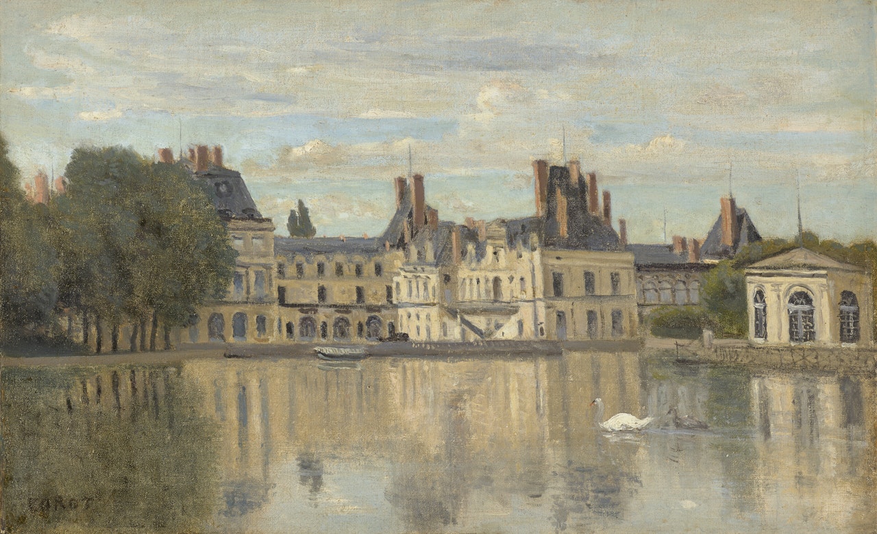 Fontainebleau-le château vu de la pièce d'eau by Jean Baptiste Camille Corot