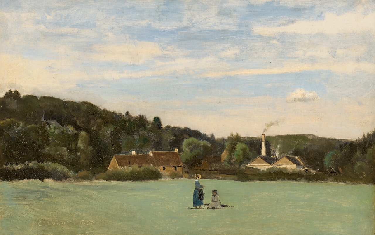 Bourberouge. Deux jeunes filles dans une prairie by Jean Baptiste Camille Corot