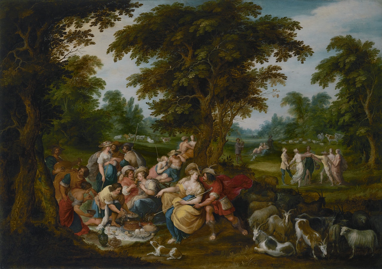 A pastoral landscape with shepherds and shepherdesses picnicking - Arcadia by Frans Francken II