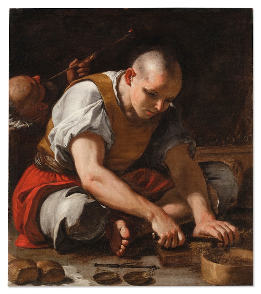 Man cutting a block of tobacco with another figure smoking a pipe behind by Mattia Preti