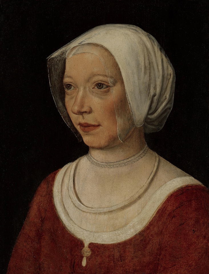 Portrait of a woman wearing a red dress, bust-length by French School